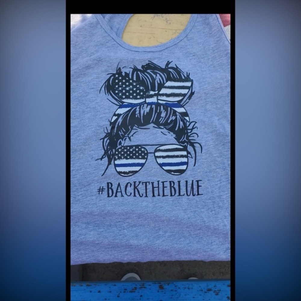 BACK THE BLUE messy bun mom tee